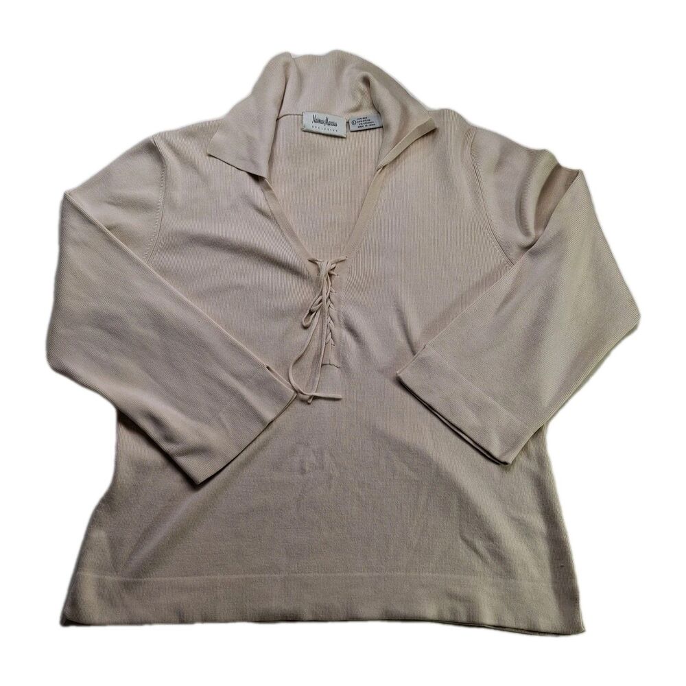 Vtg Neiman Marcus Sz L Thrashed Knit Short Sleeve Lace Up Top Silk Holes Stains